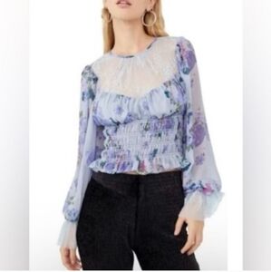 NWT Free People Daphne Blue Floral Print Lace Blouse Size XS